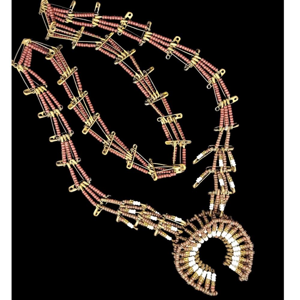 Retro Luxe Brown White Bead Squash Blossom Necklace Boho Statement Style‎